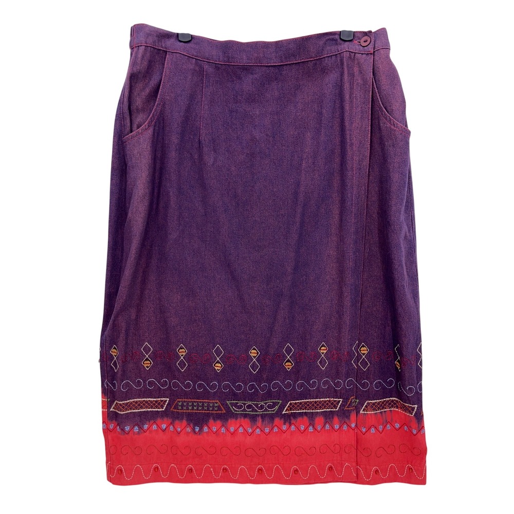 Vintage Stonebridge Purple Red Wrap Skirt 14P 90s Embroidered Beaded Cotton Midi
